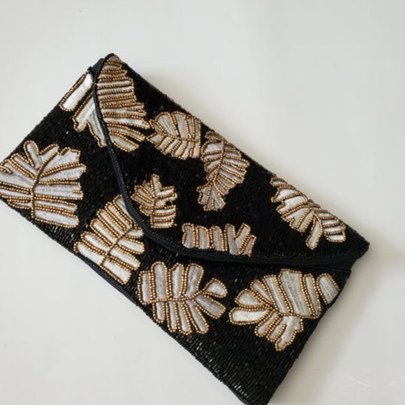Black Gold Beaded Palm Leaf Bead Crossbody Chain Clutch Boho Handbag NEW - Picture 2 of 8
